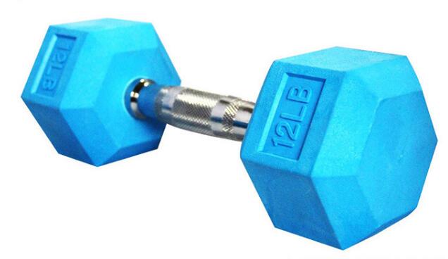 Dumbbell hexagonal con recubrimiento de goma de color (LB) Dumbbell hexagonal con recubrimiento de goma de color (LB)