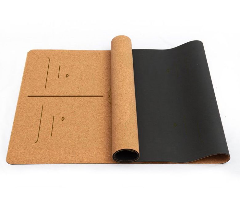 Tapete de yoga de corcho con líneas de alineación láser